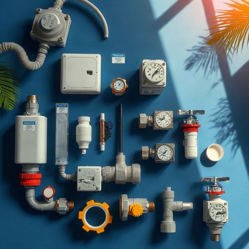 Flat-lay de componentes elétricos e hidráulicos certificados sobre superfície indigo