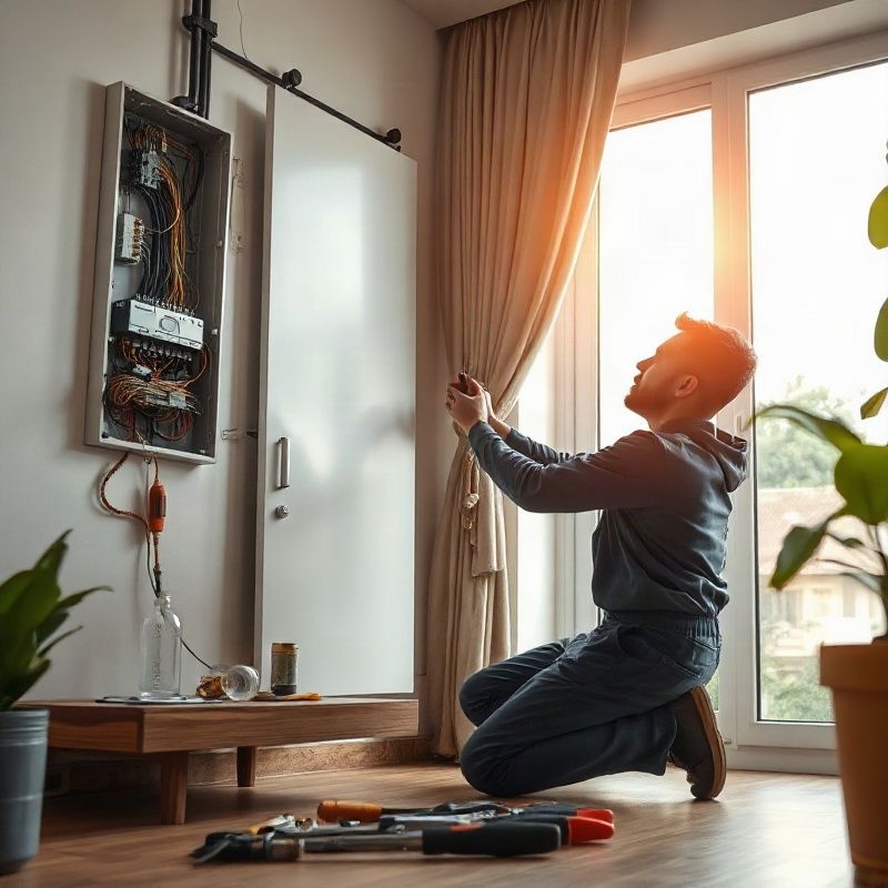 Técnico com uniforme Northcanvasm inspecionando um quadro elétrico em apartamento de Salvador
